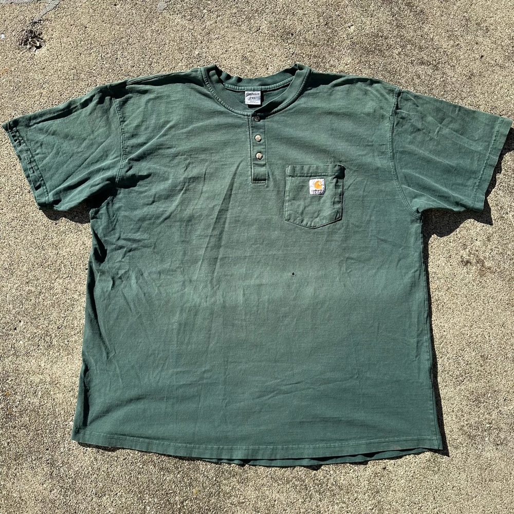 VTG Carhartt distressed faded green Henley pocket tee shirt 2XL